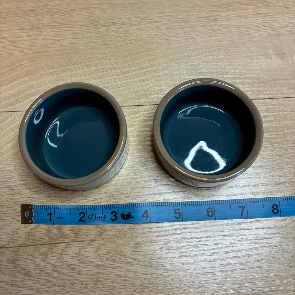 Set of 2 Ceramic Ramekins Taupe Grey Teal Blue Glazed Stoneware Souffle Dishes